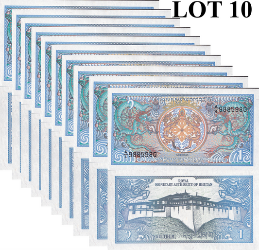 Bhutan 1 Ngultrum ND 1986 P 12 UNC 1/10 Bundle Lot 10 pcs