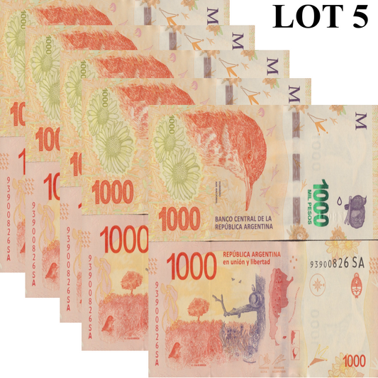 Argentina 1000 Pesos ND 2017 P 366 UNC 1/20 Bundle Lot 5 pcs