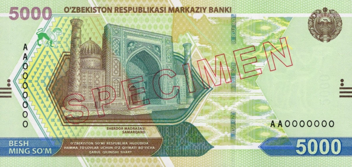 Uzbekistan 5000 Som 2021(2022) P 88 UNC AA Prefix SPECIMEN