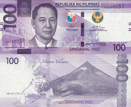 Philippines 100 Piso 2024 P 232A UNC Consecutive Lot 10 pcs LOW S/N 31-40