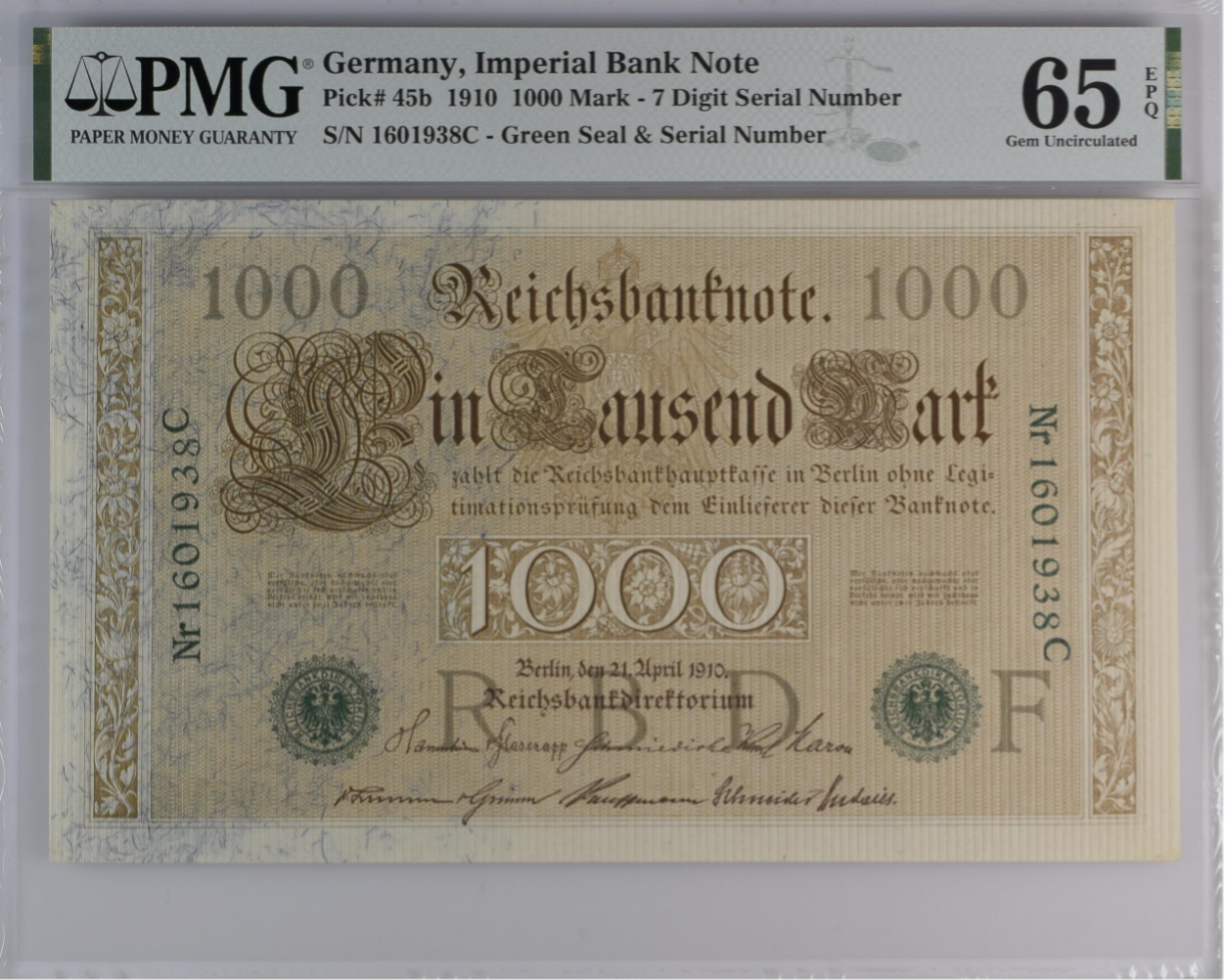 Germany Imperial Bank Note 1000 Mark 1910 P 45b UNC PMG 65 EPQ 2nd TOP POP