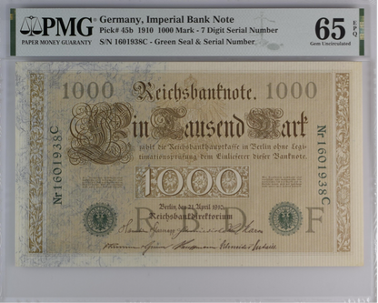 Germany Imperial Bank Note 1000 Mark 1910 P 45b UNC PMG 65 EPQ 2nd TOP POP