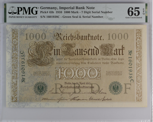 Germany Imperial Bank Note 1000 Mark 1910 P 45b UNC PMG 65 EPQ 2nd TOP POP