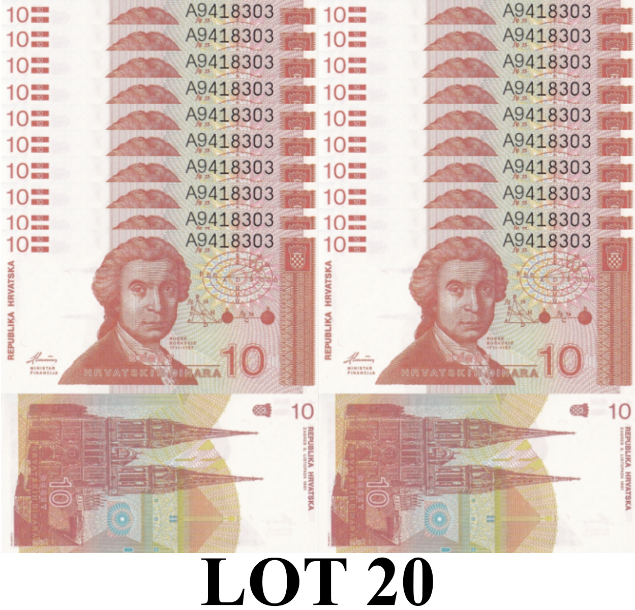 Croatia 10 Hrvatskih Dinara 1991 P 18 UNC 1/5 Bundle Lot 20 pcs