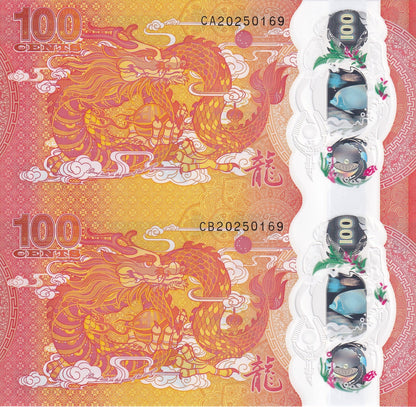 Fiji 100 Cents 2023 P 124 Polymer UNC COMM. Dragon Same No. UNCUT 2 IN 1