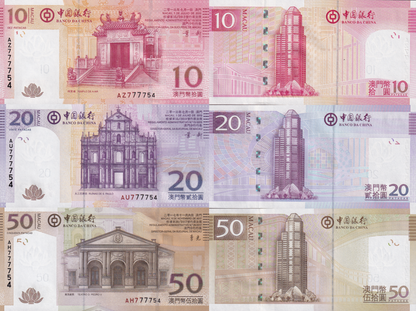 Macau Macao 10-50 Patacas 2013-17 P 108(1)-110 UNC BOC Set 3 Match No. 77774X/X4