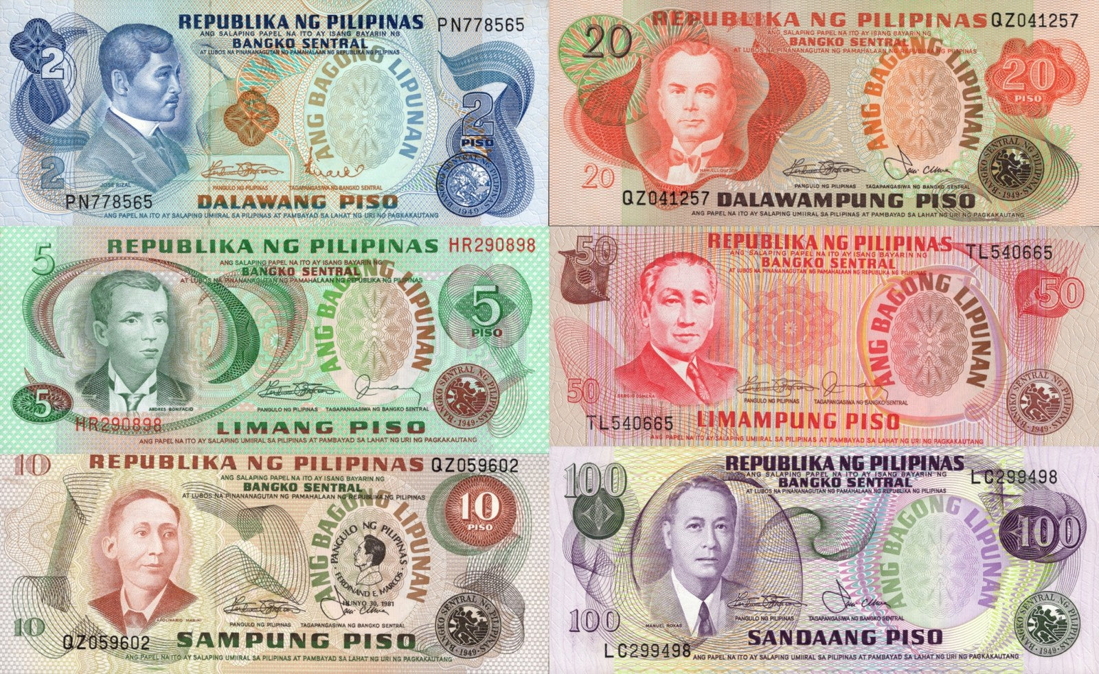 Philippines 2-100 1970-78 P 152 160d 167a(2) 162 163 164 UNC MINOR FOXING Set 6