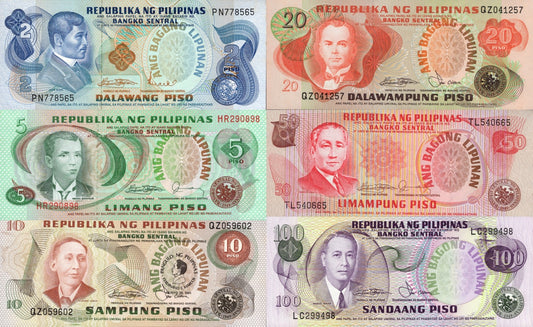 Philippines 2-100 1970-78 P 152 160d 167a(2) 162 163 164 UNC MINOR FOXING Set 6