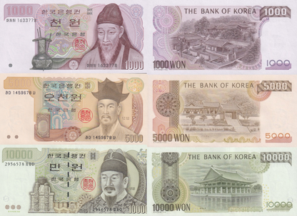 Korea South 1000 5000 10000 Won ND 1983&2000 P 47 48 52 UNC Set 3 pcs