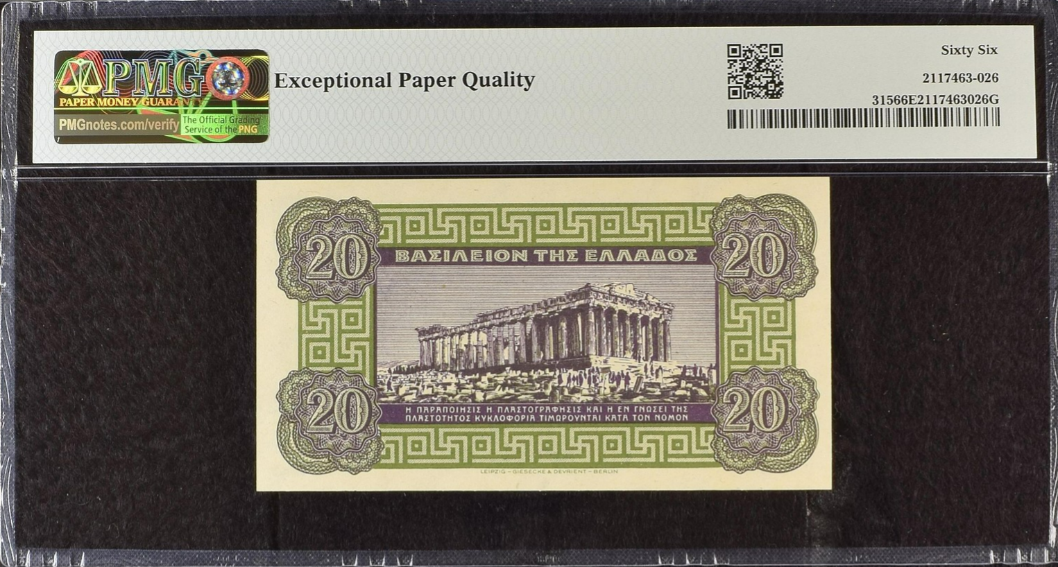 Kingdom of Greece 20 Drachmai 1940 P 315 UNC PMG 66 EPQ 2nd TOP POP