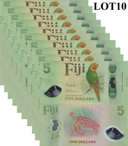Fiji 5 Dollars 2026 P New Design Polymer UNC 1/10 Bundle Lot 10 pcs