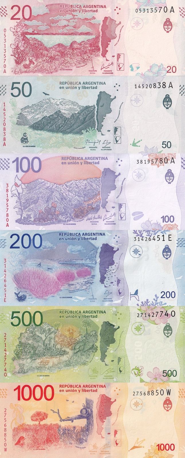 Argentina 20 50 100 200 500 1000 Pesos 2016-2018 P 361-366 UNC Set 6 pcs