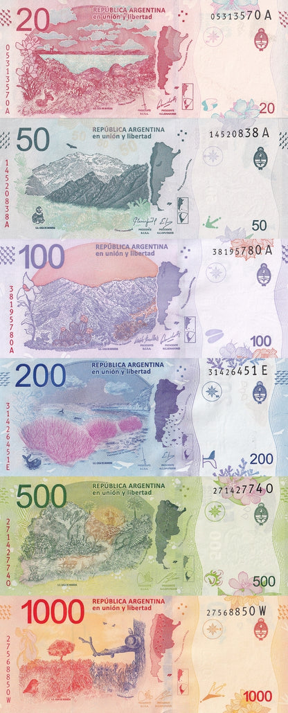 Argentina 20 50 100 200 500 1000 Pesos 2016-2018 P 361-366 UNC Set 6 pcs