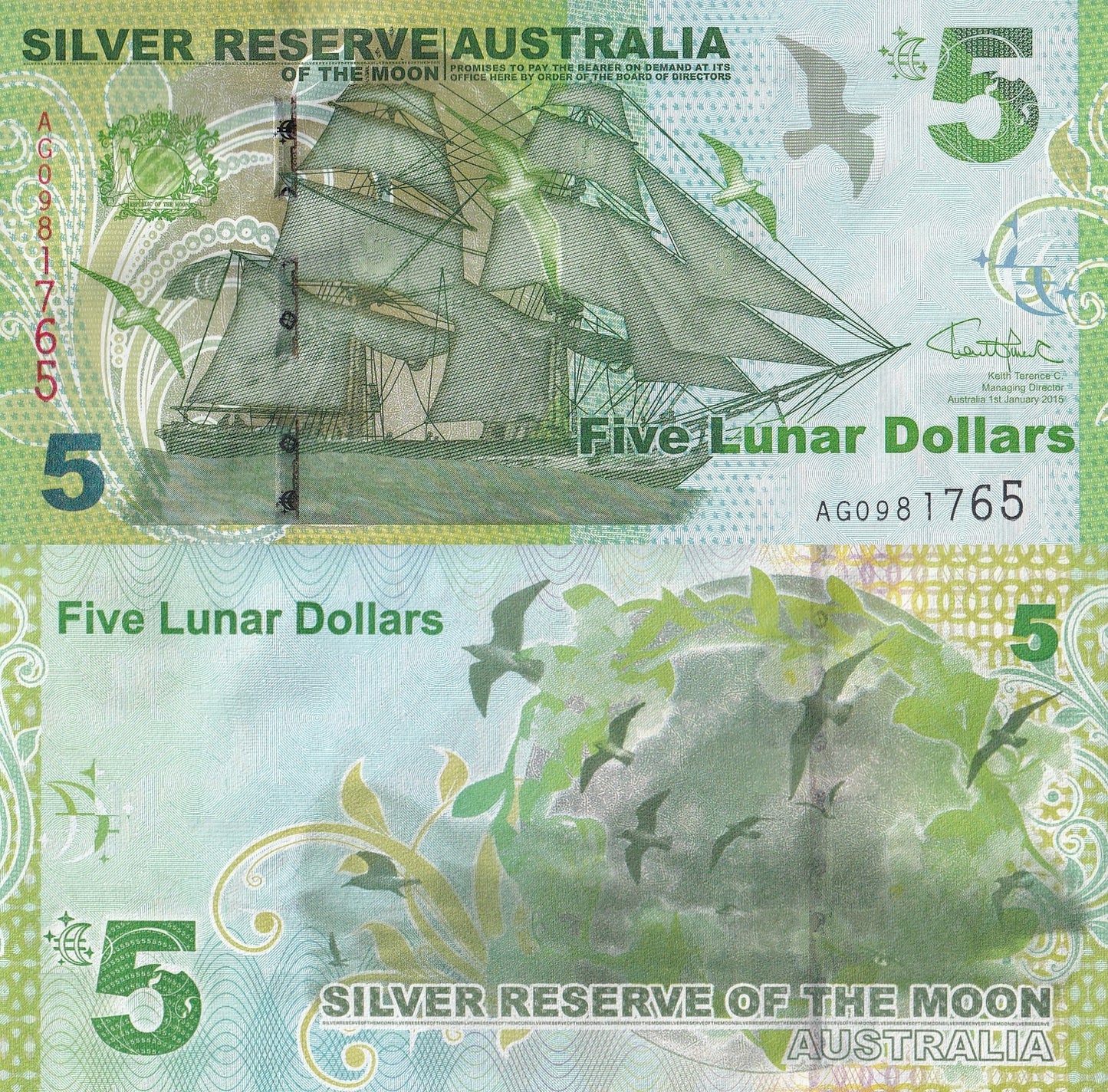 Australia 5 2015 UNC Silver Reserve of the Moon ''Boat'' With Folder