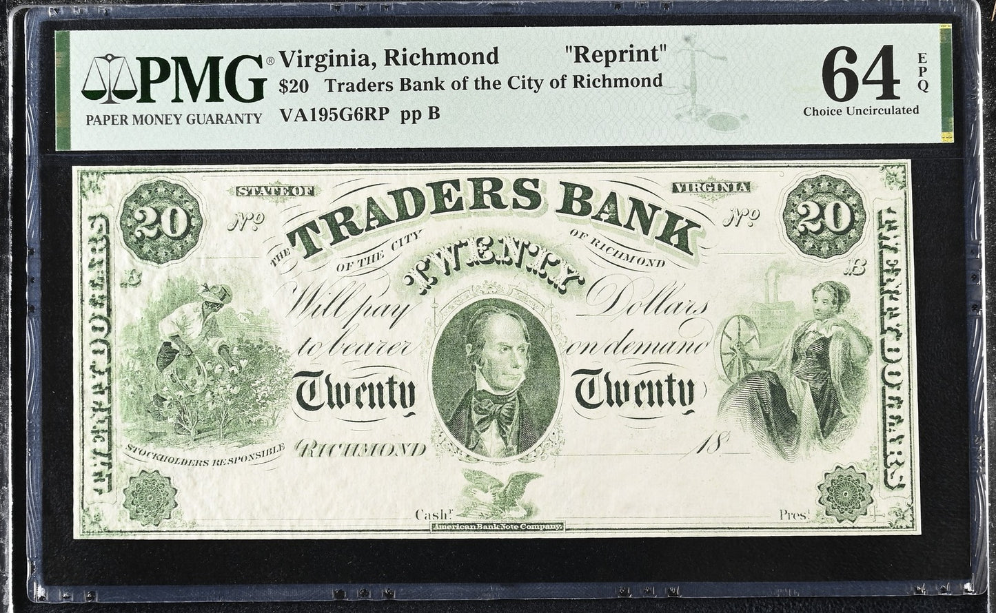 Virginia Richmond Reprint 20-100 Obsolete Bank Note UNC PMG 64 65 EPQ Set 3 pcs