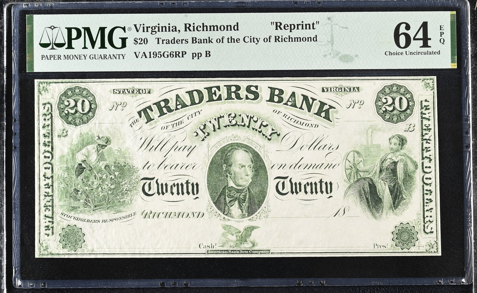 Virginia Richmond Reprint 20-100 Obsolete Bank Note UNC PMG 64 65 EPQ Set 3 pcs