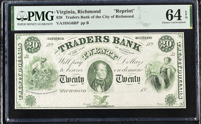 Virginia Richmond Reprint 20-100 Obsolete Bank Note UNC PMG 64 65 EPQ Set 3 pcs
