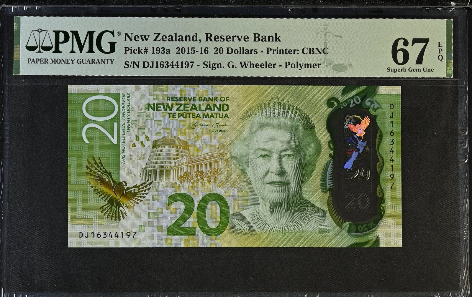 New Zealand Reserve Bank 20 Dollars 2015-16 P 193a Polymer UNC PMG 67 EPQ