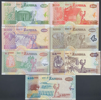 Zambia 20 50 100-10000 Kwacha 1992-11 P 36 37 38 43-46 Paper Polymer UNC Set 7 p