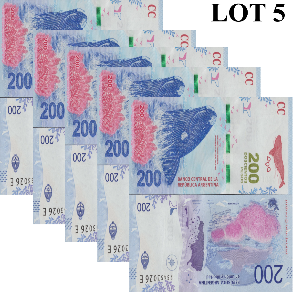 Argentina 200 Pesos ND 2016 P 364 UNC 1/20 Bundle Lot 5 pcs