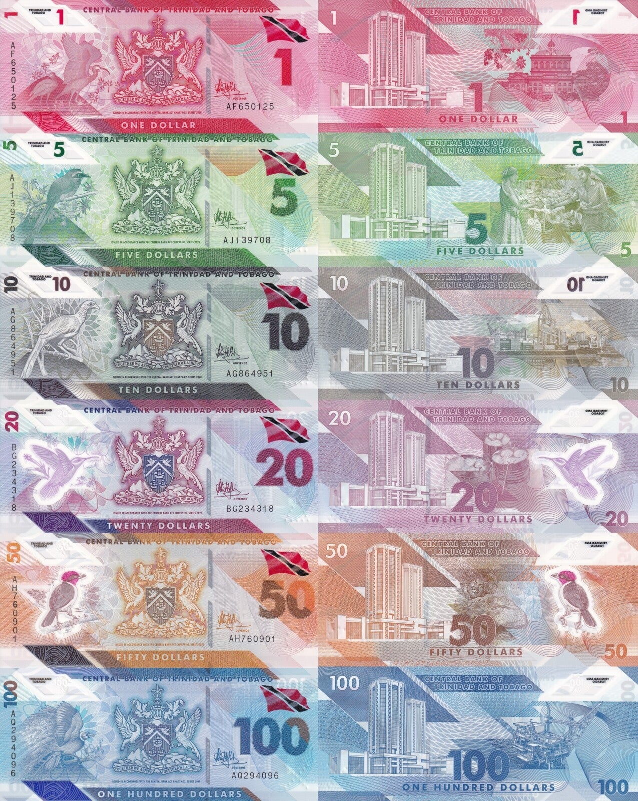 Trinidad and Tobago 1-100 Dollars 2019-2020 P 60-65 Polymer UNC Set 6 pcs