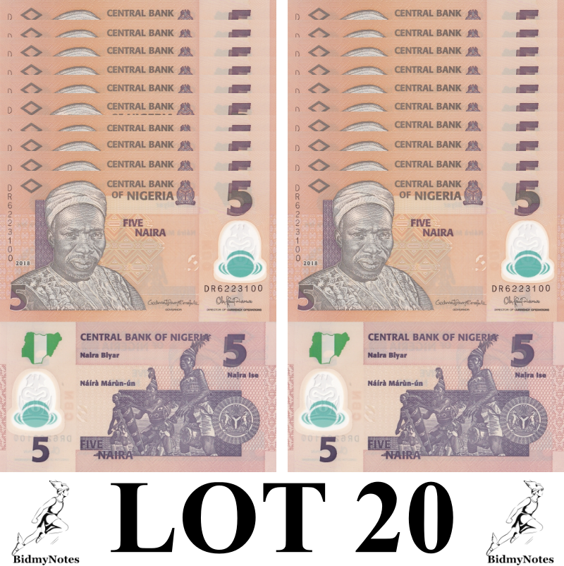 Nigeria 5 Naira 2018 P 38 Polymer UNC 1/5 Bundle LOT 20 pcs