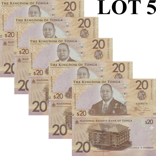 Tonga 20 Papanga ND 2023 2024 P 53 New Issue UNC 1/20 Bundle LOT 5 pcs