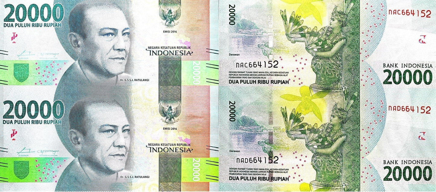 Indonesia 20000 Rupiah 2016 P 158a UNC UNCUT 2 IN 1 With Folder