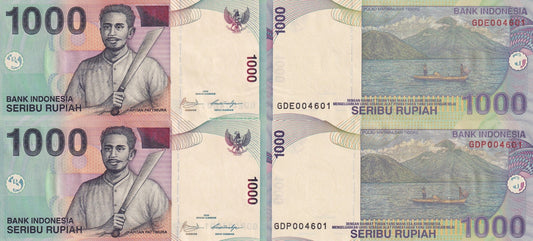 Indonesia 1000 Rupiah 2000/2009 P 141j UNC Set 2 pcs Matching No.