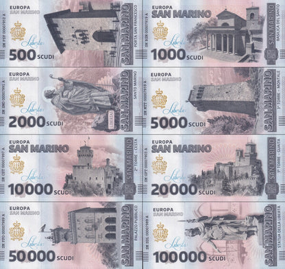 San Marino Republic set of Eight Souvenir Note UNC COMM. Test Note Set 8 pcs