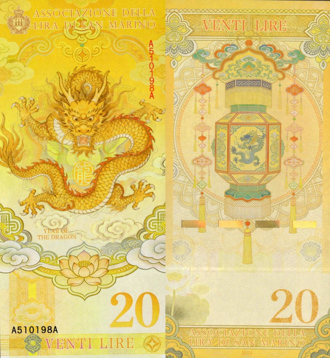 San Marino TEST NOTE 20 Lire 2024 Year of Dragon Commemorative Banknote UNC