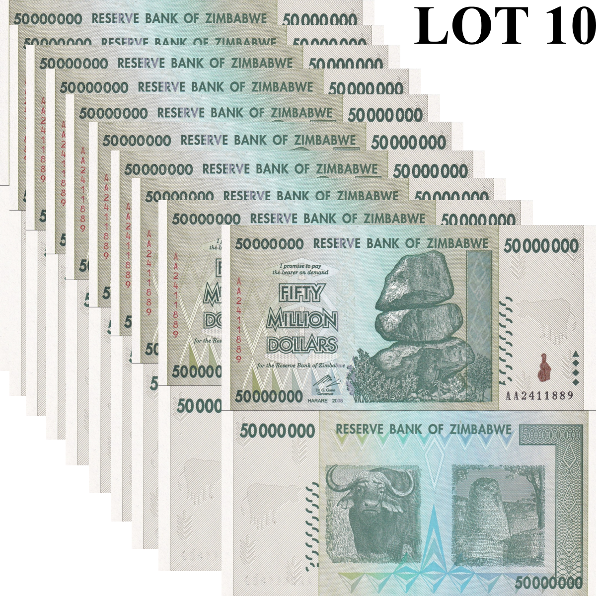 Zimbabwe 50000000 Dollars 2008 P 79 UNC AA Prefix 1/10 Bundle Lot 10 pcs