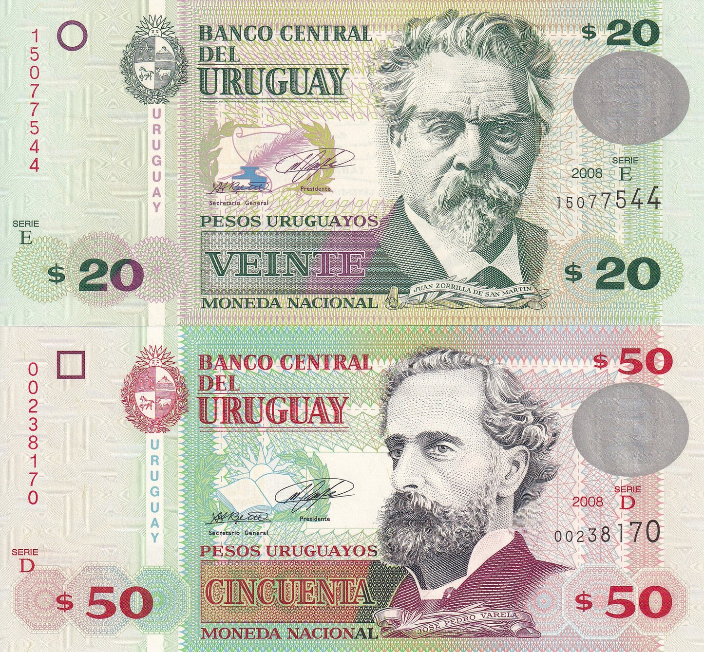 Uruguay 20 50 Pesos Uruguayos 2008 P 86a 87a UNC Set 2 pcs