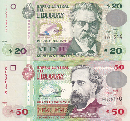 Uruguay 20 50 Pesos Uruguayos 2008 P 86a 87a UNC Set 2 pcs