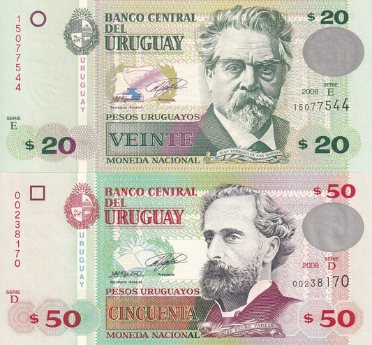 Uruguay 20 50 Pesos Uruguayos 2008 P 86a 87a UNC Set 2 pcs