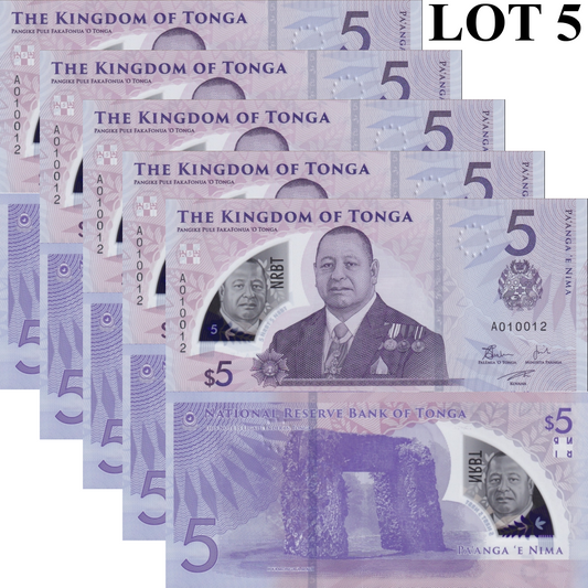 Tonga 5 Pa'anga 2023/2024 P 51 New Polymer UNC 1/20 Bundle Lot 5 pcs