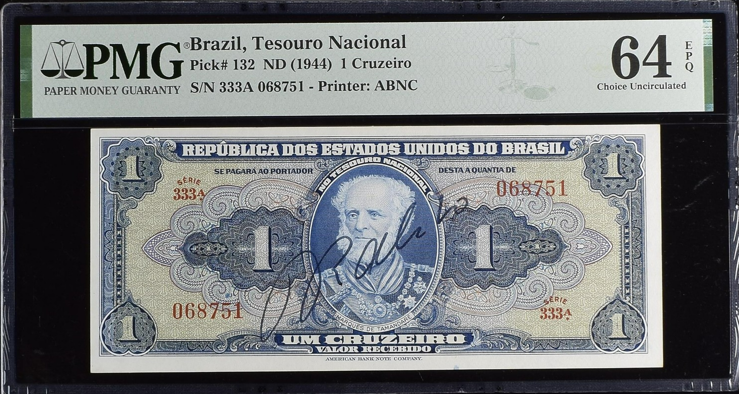 Brazil 1 Cruzeiro ND (1944) P 132 UNC PMG 64 EPQ Hand Sign Serie 333A