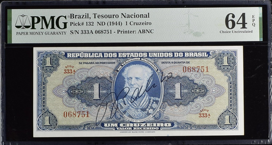 Brazil 1 Cruzeiro ND (1944) P 132 UNC PMG 64 EPQ Hand Sign Serie 333A
