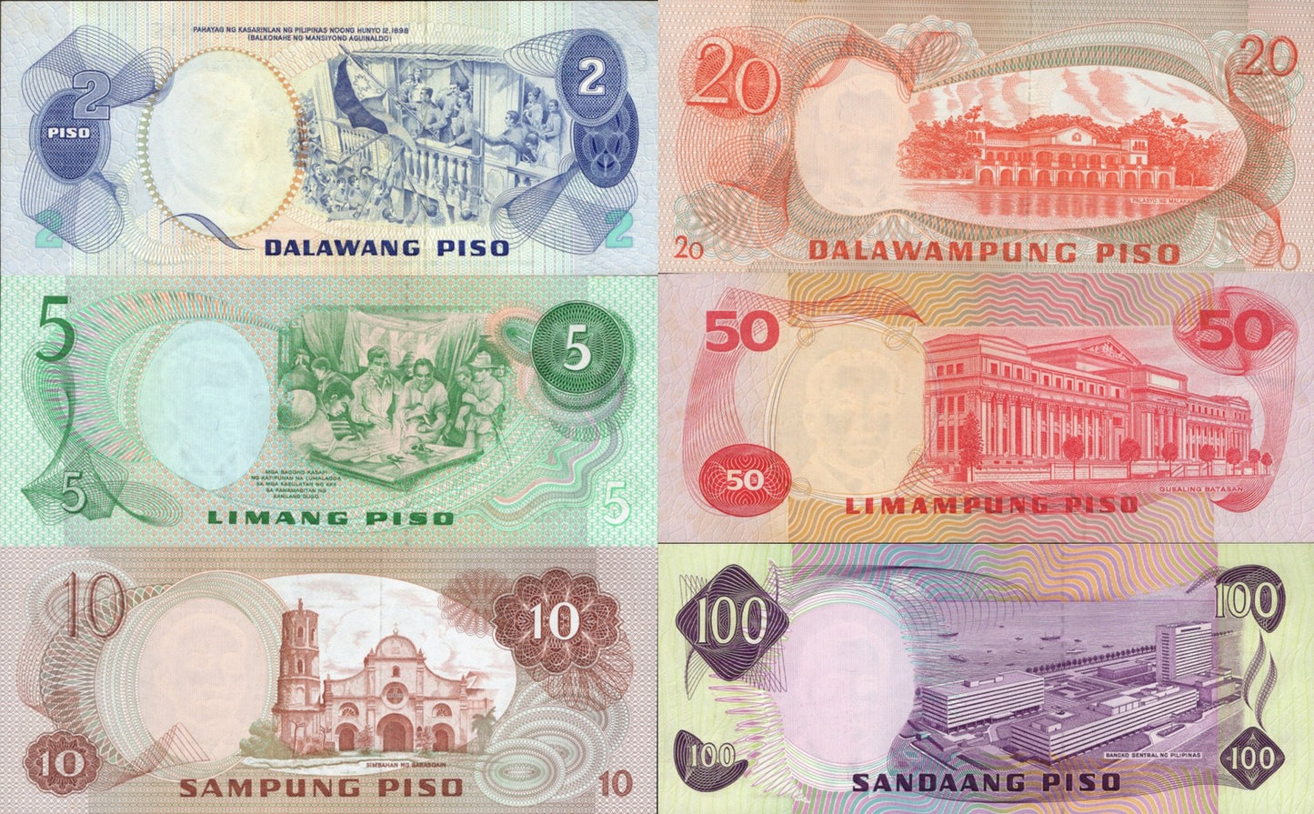 Philippines 2-100 1970-78 P 152 160 167a(1-1) 162 156 164 UNC MINOR FOXING Set 6