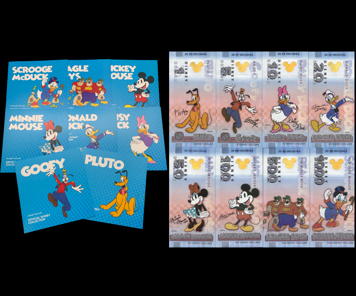 Disney Official Mickey Mouse & Frinds 1 5  10-1000 Dollars 2025 UNC Set 8 p W/F