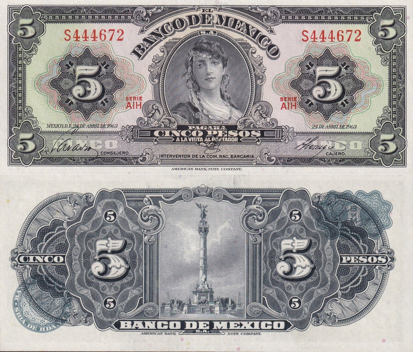 Mexico 5 Pesos 1963 P 60h SERIE AIH UNC