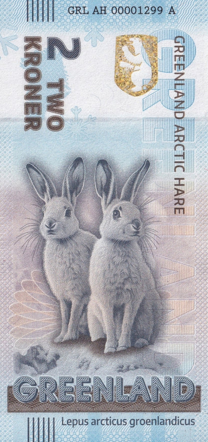 Greenland Souvenir Note 2 Krone Greenland Arctic Hare UNC Test Note