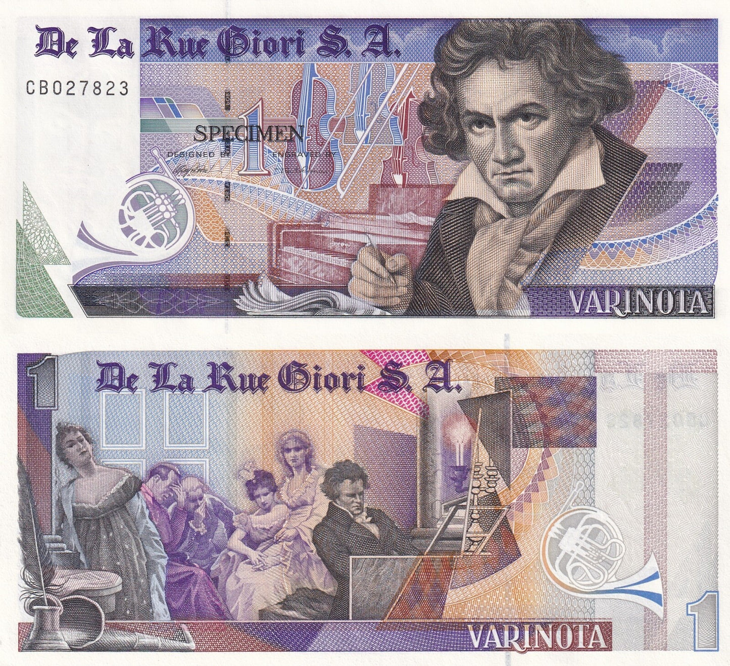 De la Rue Giori S.A Beethoven 1 Specimen Double Sided Black Serial Numbers