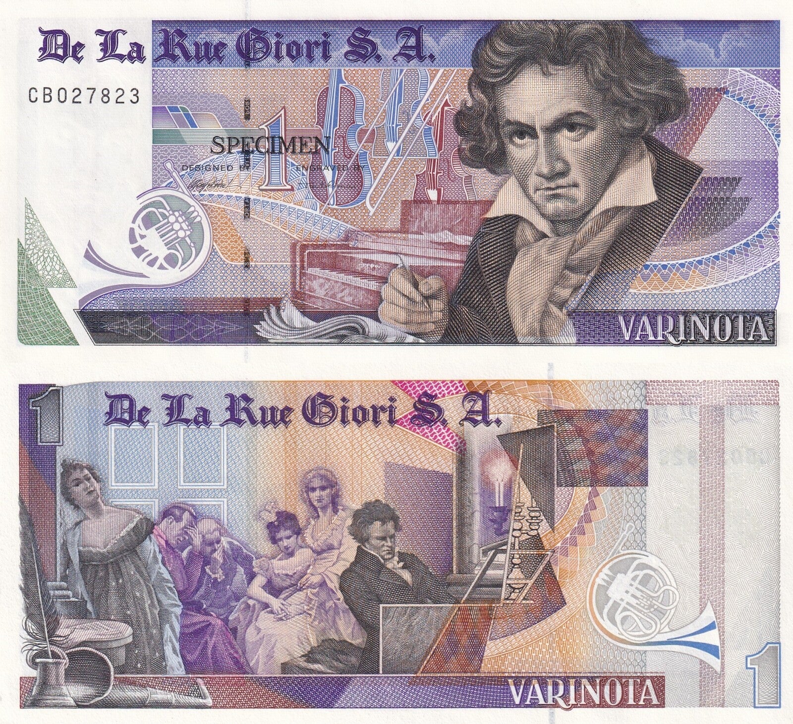 De la Rue Giori S.A Beethoven 1 Specimen Double Sided Black Serial Numbers