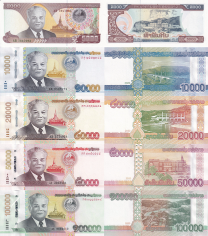 Laos 5000 10000 20000 50000 100000 Kip 2020 2022 P 41A 41B - 42A UNC Set 5 p
