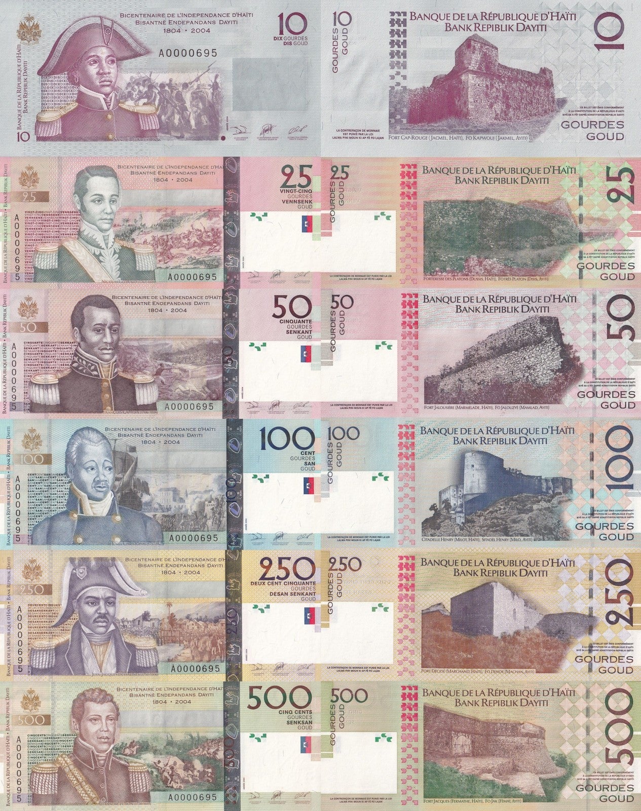 Haiti 10 25 50-500 2004 P 272a 273 -277a UNC Set 6 pcs Fancy Matching NO. 695