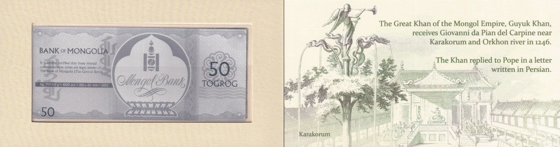 Mongolia Italy 50 Togrog Giovanni. Da Pian Del Carpine Silver Note UNC COMM. W/F