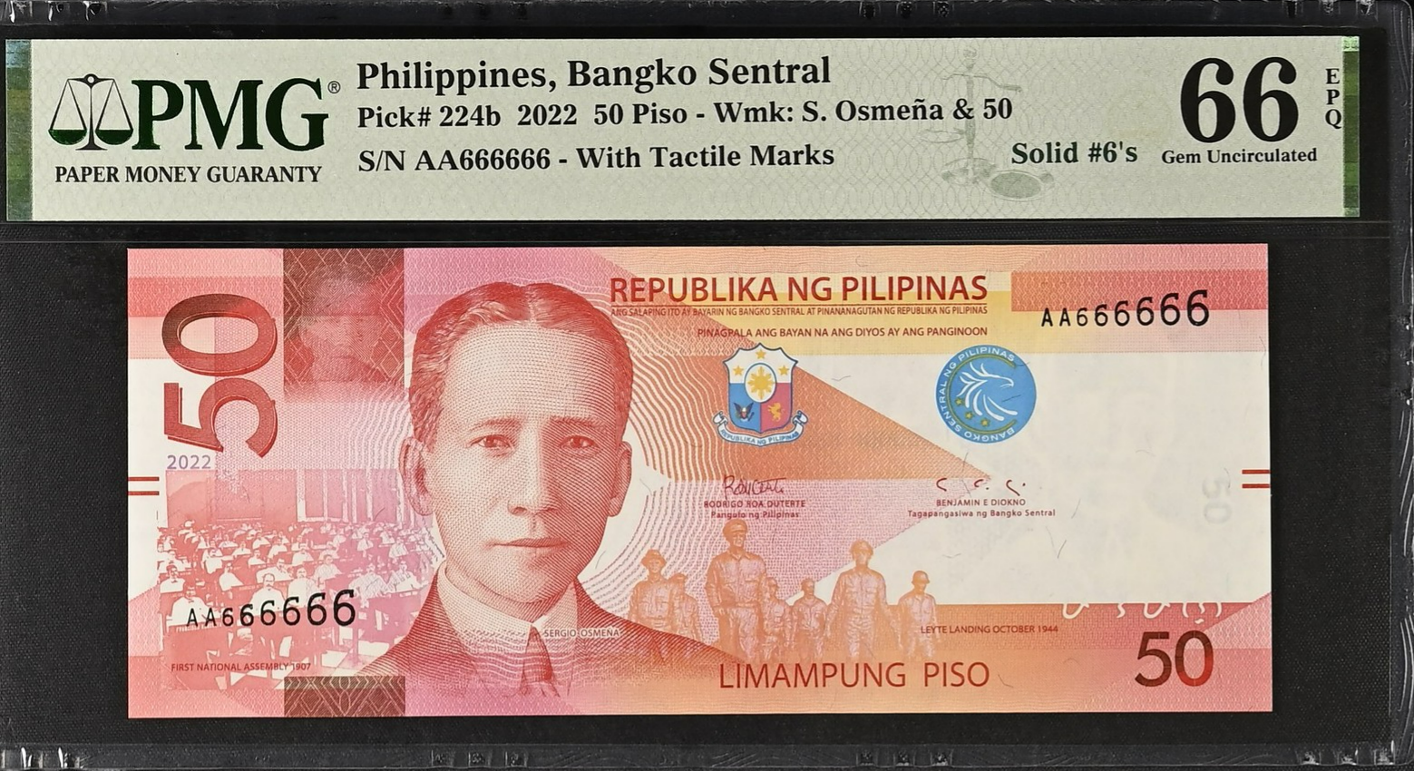 Philippines 50 Piso 2022 P 224b UNC PMG 66 EPQ AA Prefix SOLID 6 3rd TOP POP