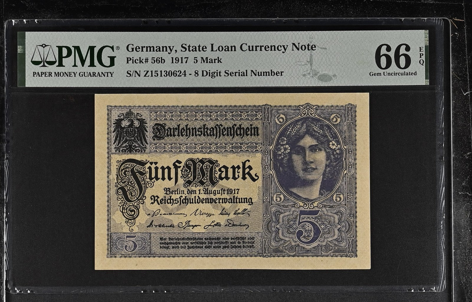 Germany State Loan Currency Note 5 Mark 1917 P 56b UNC PMG 66 EPQ 3rd TOP POP