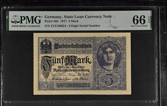 Germany State Loan Currency Note 5 Mark 1917 P 56b UNC PMG 66 EPQ 3rd TOP POP